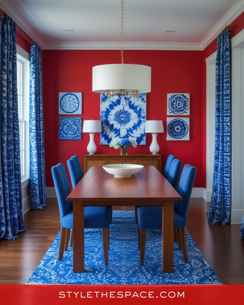 Classic Red Dining Room With Blue and White Contrast