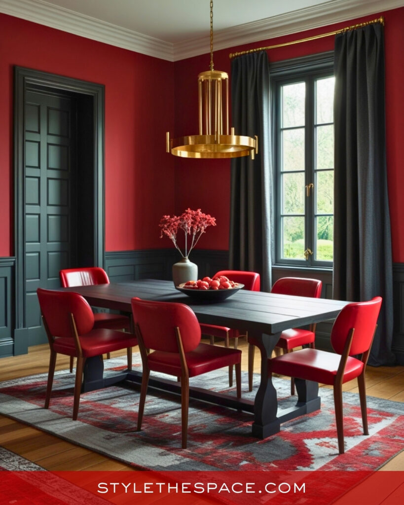 Sophisticated Red Dining Room With Black and Brass Accents