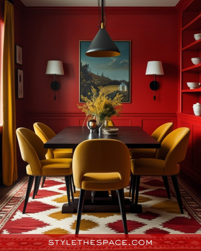 Warm Red Dining Room With Mustard Yellow Accents