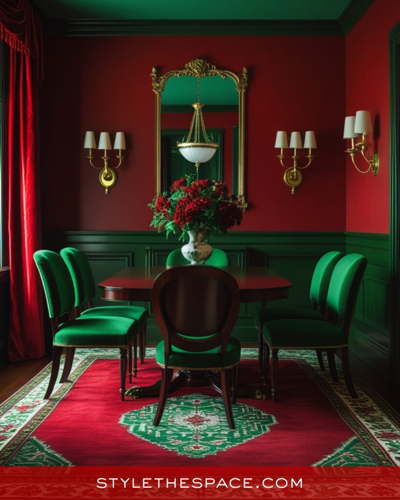 Dramatic Red Dining Room With Emerald Green and Gold Accents