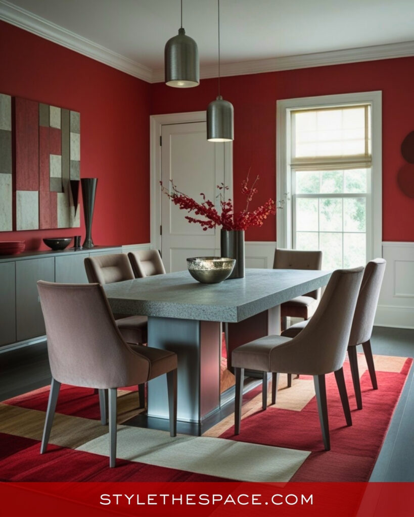 Modern Red Dining Room With Soft Neutrals and Clean Lines