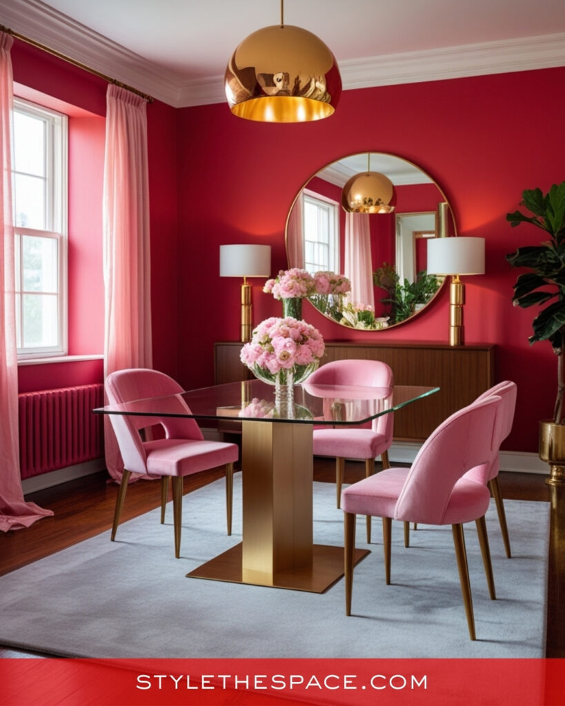 Chic Red Dining Room With Pink and Gold Accents