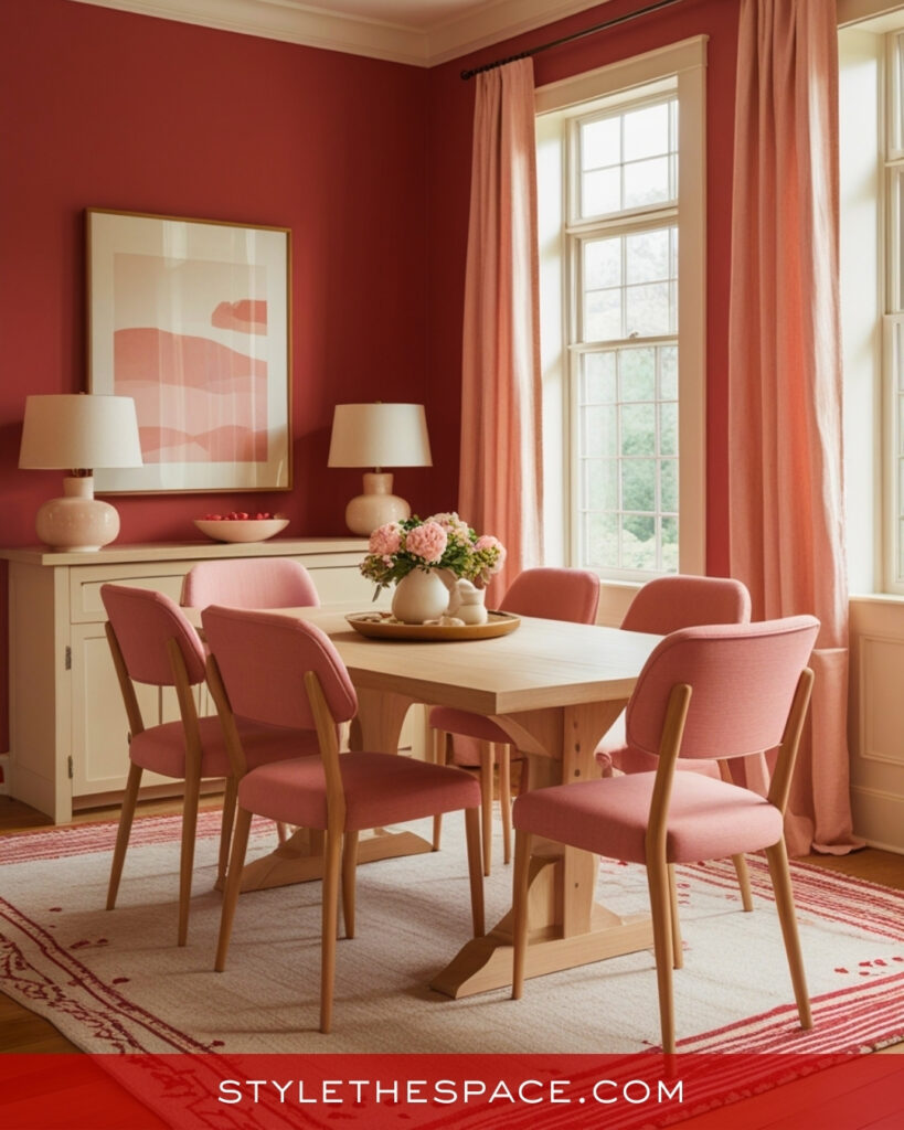 Soft Red Dining Room With Blush and Light Wood