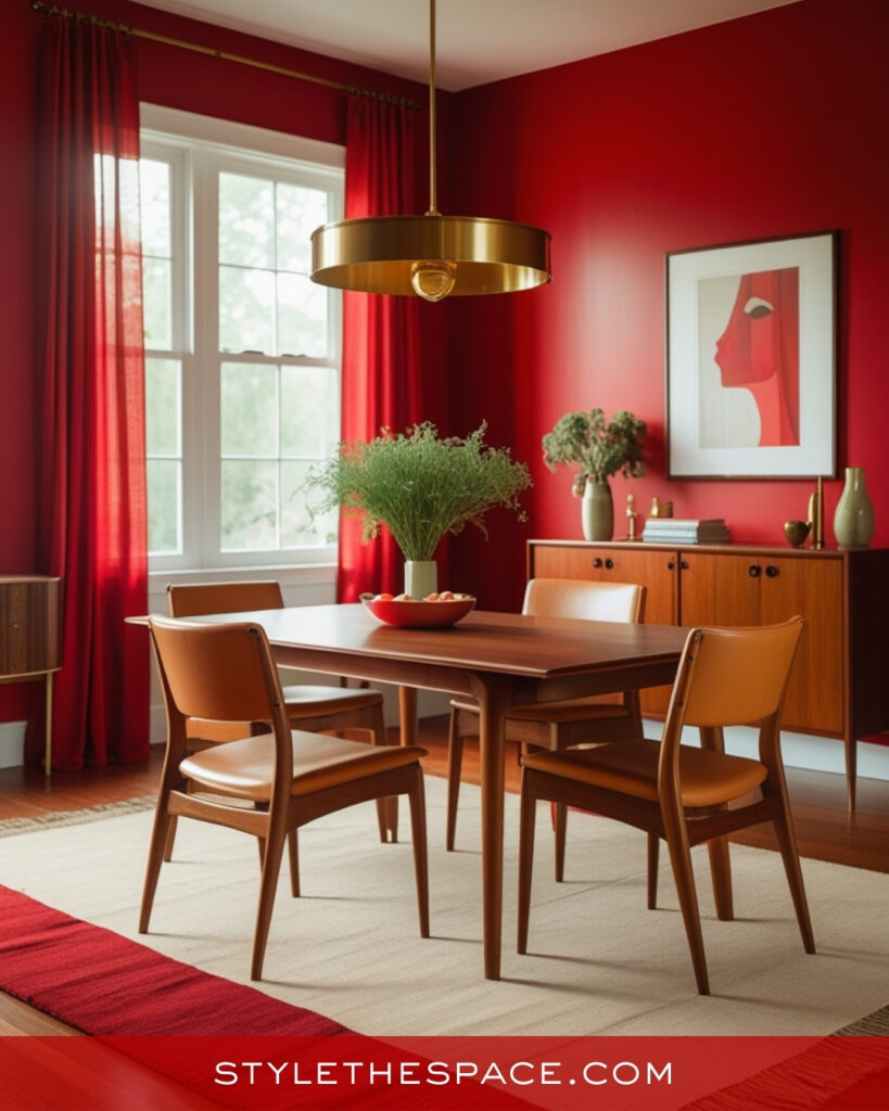 Mid-Century Red Dining Room With Warm Wood and Brass