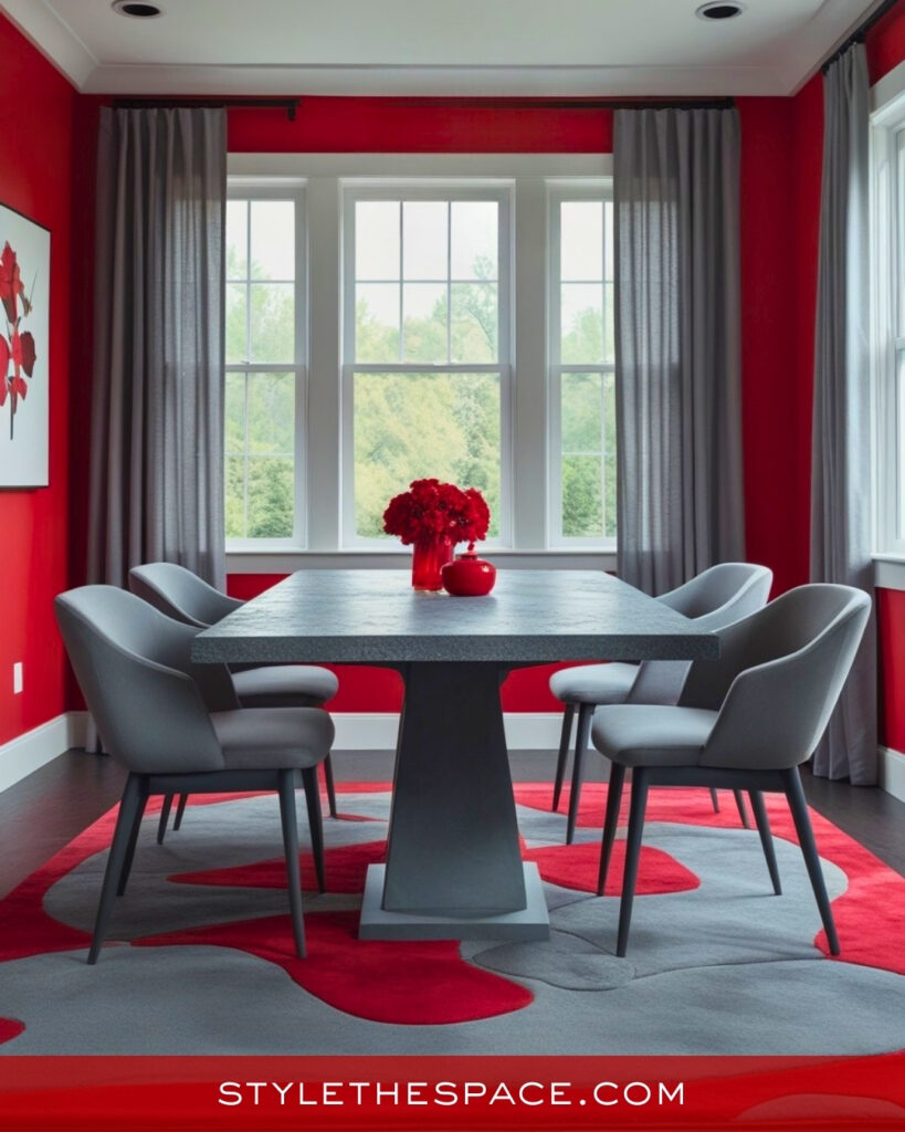 Contemporary Red Dining Room With Grey and Sculptural Details