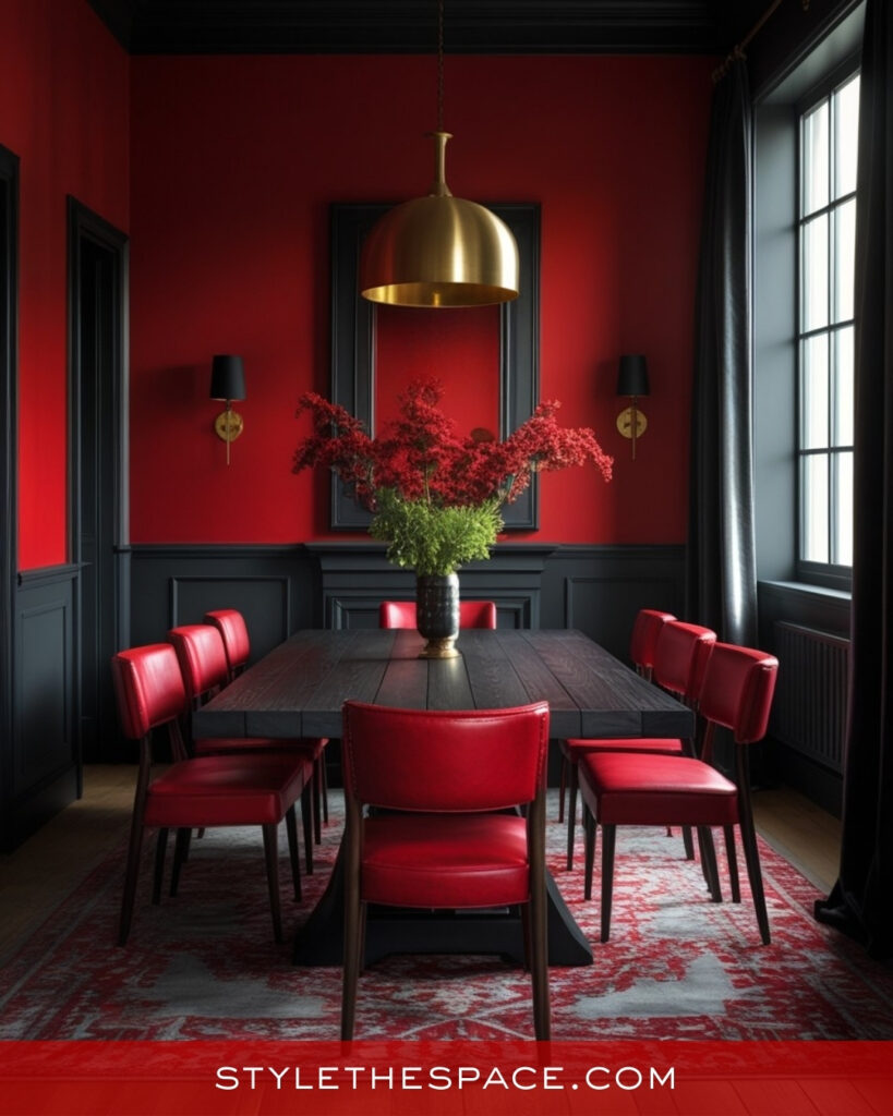 Moody Red Dining Room With Black and Brass Details