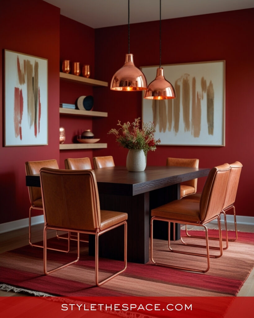Elegant Red Dining Room With Copper and Warm Neutrals