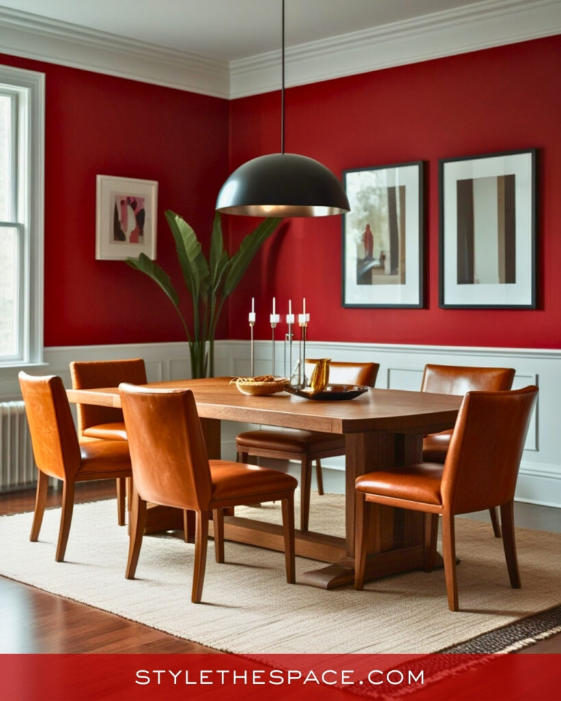 Modern Red Dining Room With Leather and Warm Wood