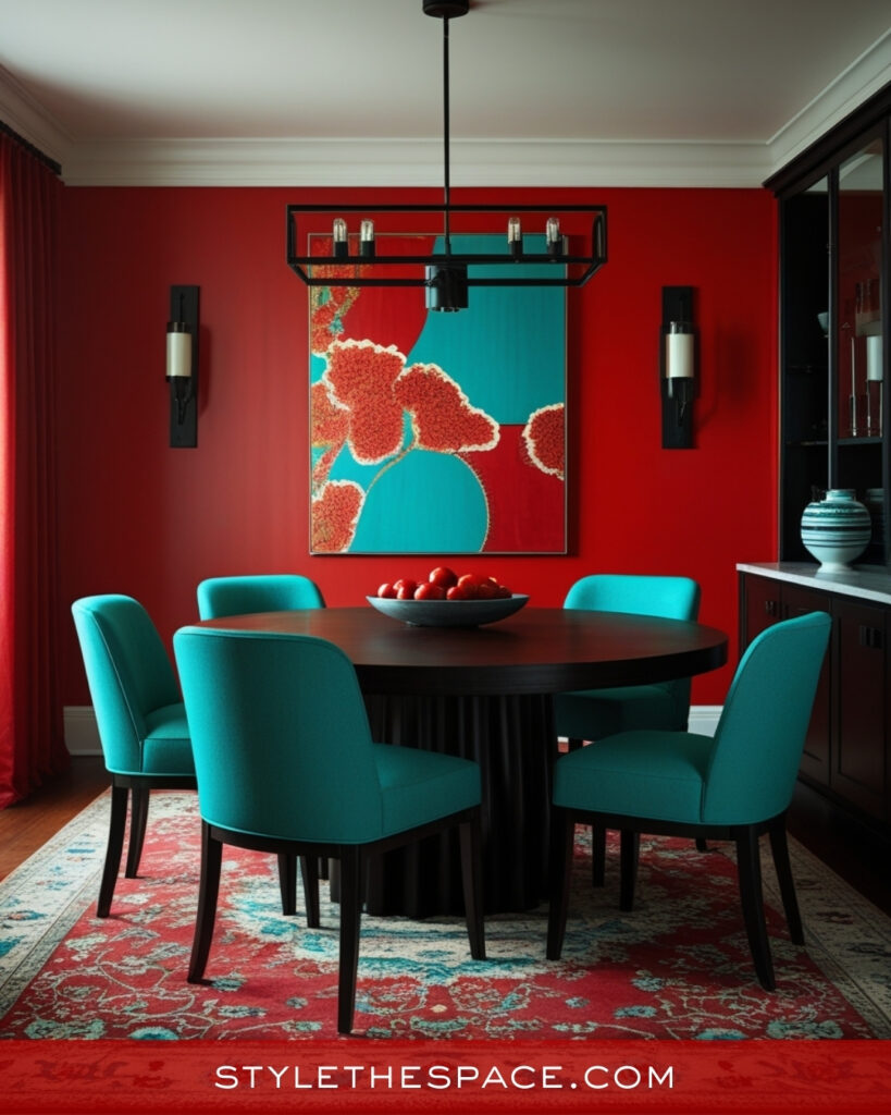 Bold Red Dining Room With Teal Accents