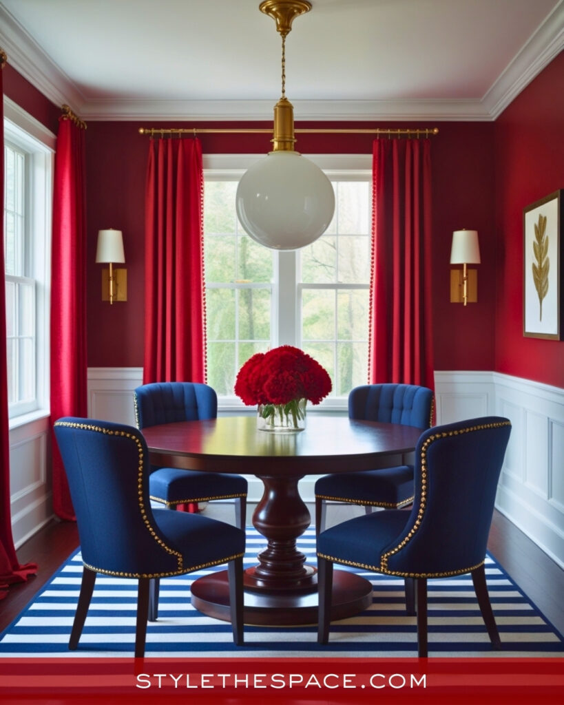 Classic Red Dining Room With Navy and Brass Accents