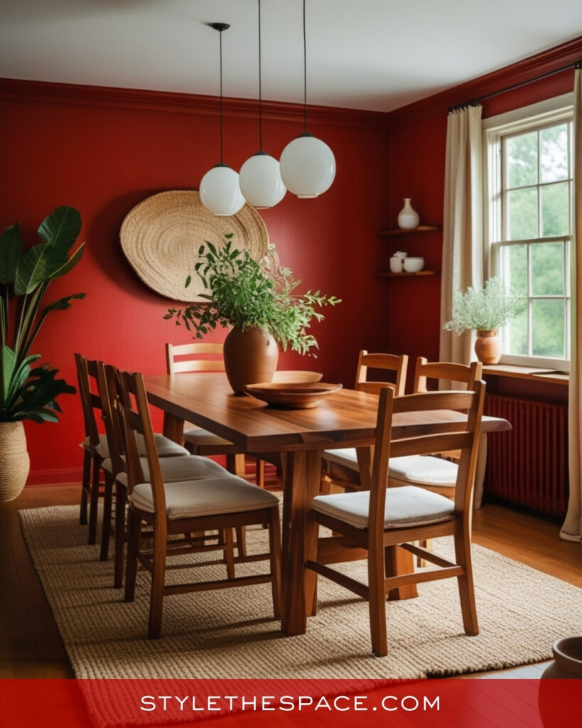 Warm Red Dining Room With Natural Wood and Soft Neutrals