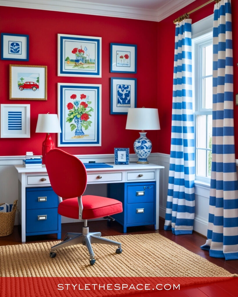 Preppy Red, Blue, and White Home Office