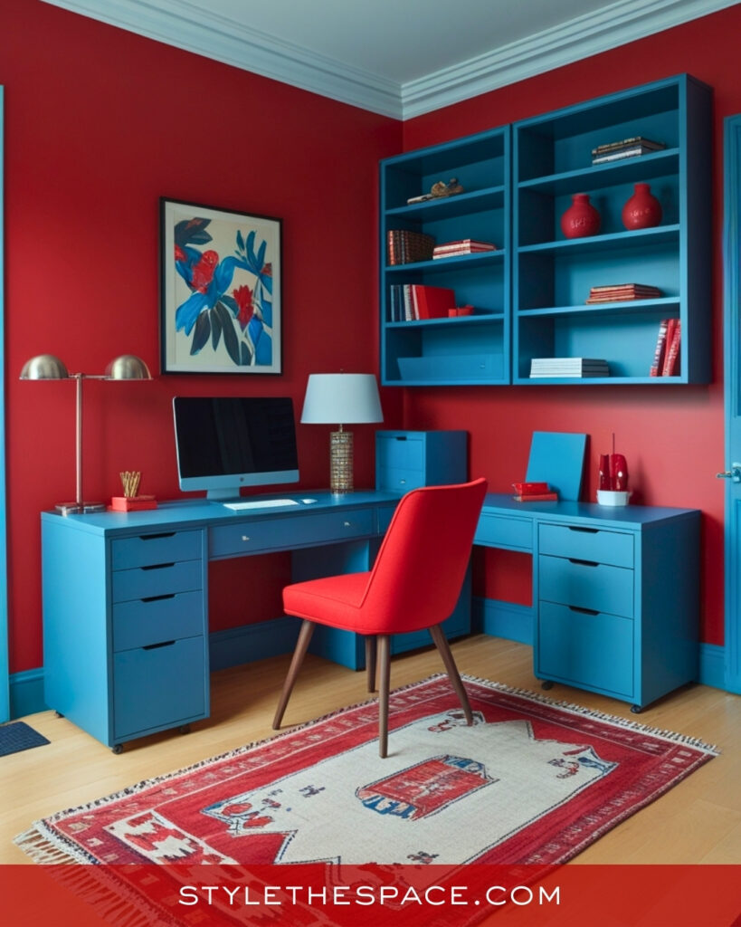 Red Home Office With Teal Blue Accents