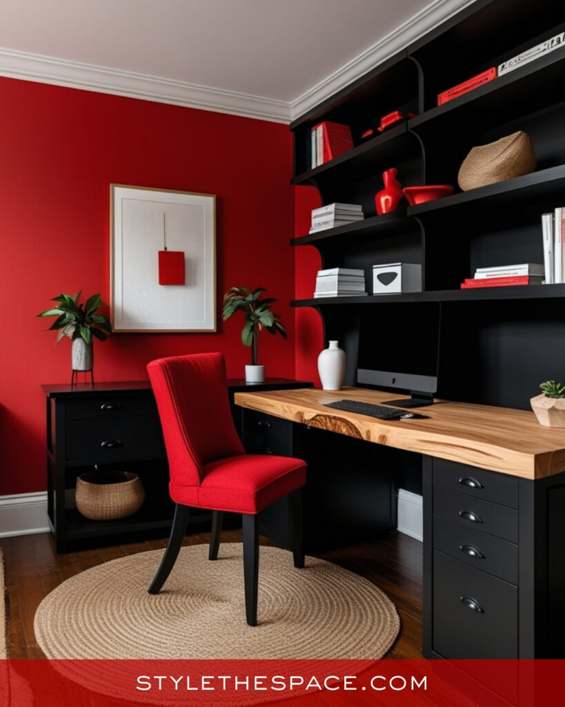 Red Home Office With Black and Wood Accents