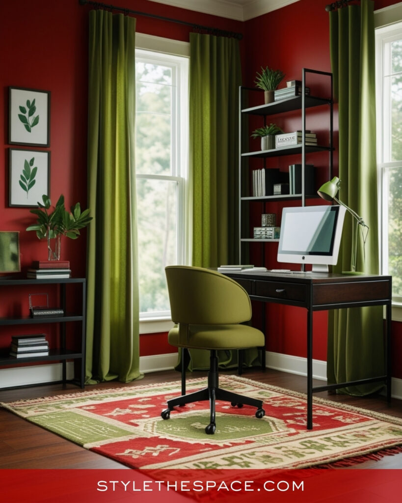 Red Home Office With Olive Green Accents