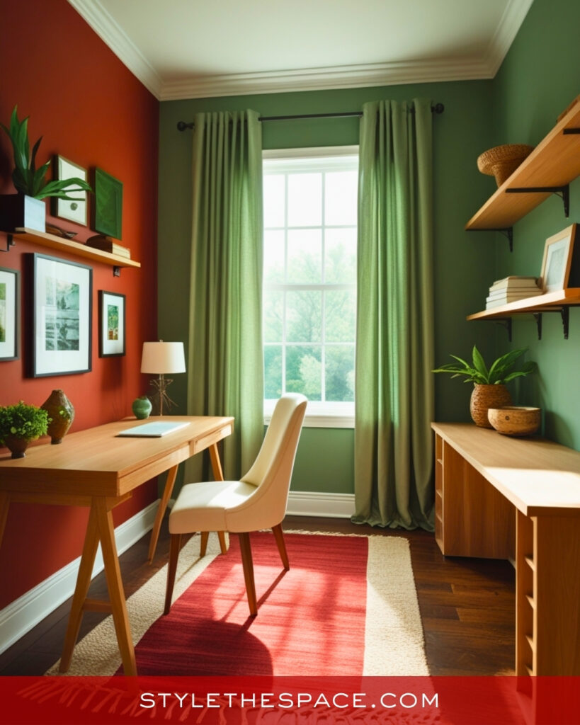 Red Home Office With Green and Wood Accents