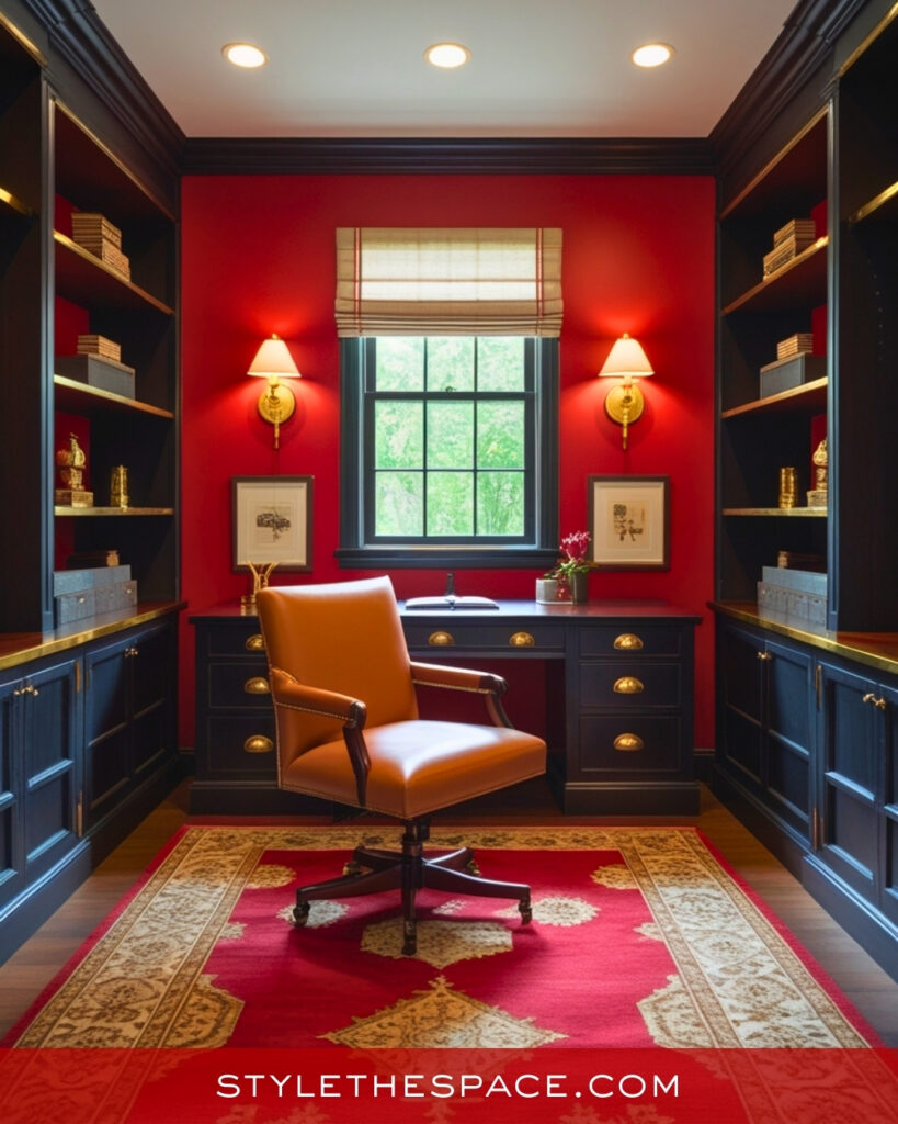 Classic Red Home Office With Dark Wood and Brass
