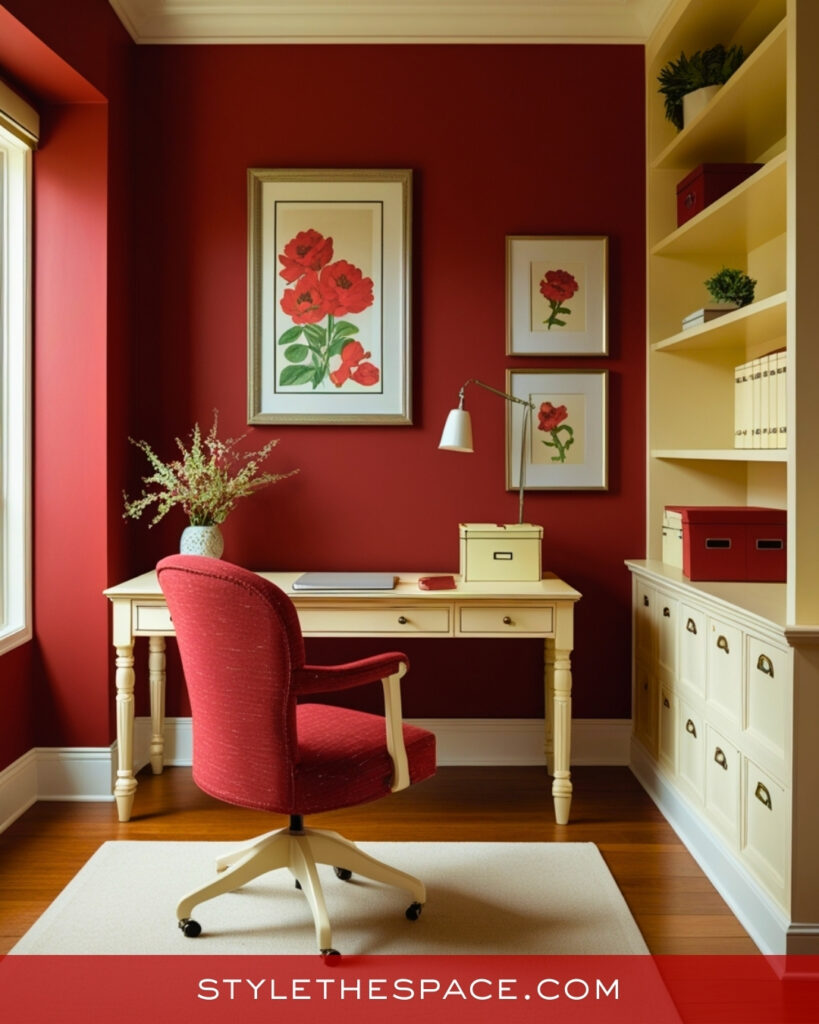 Red Home Office With Cream and Soft Yellow Accents