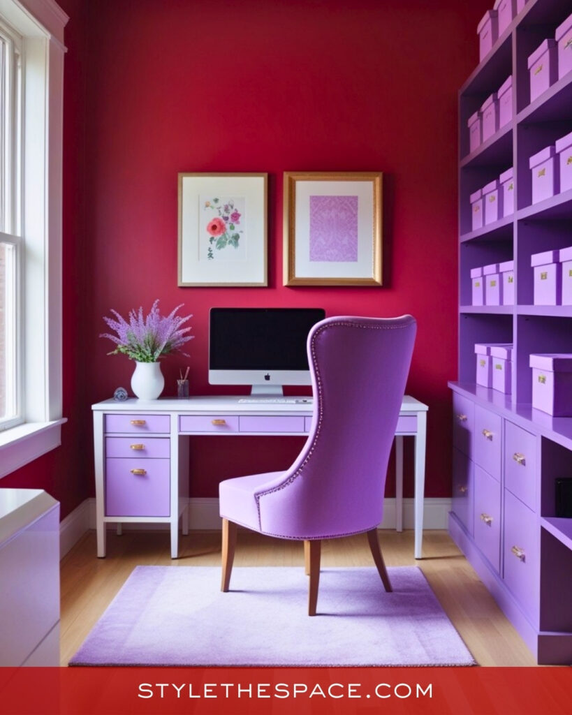 Red Home Office With Lavender and Soft Purple Accents