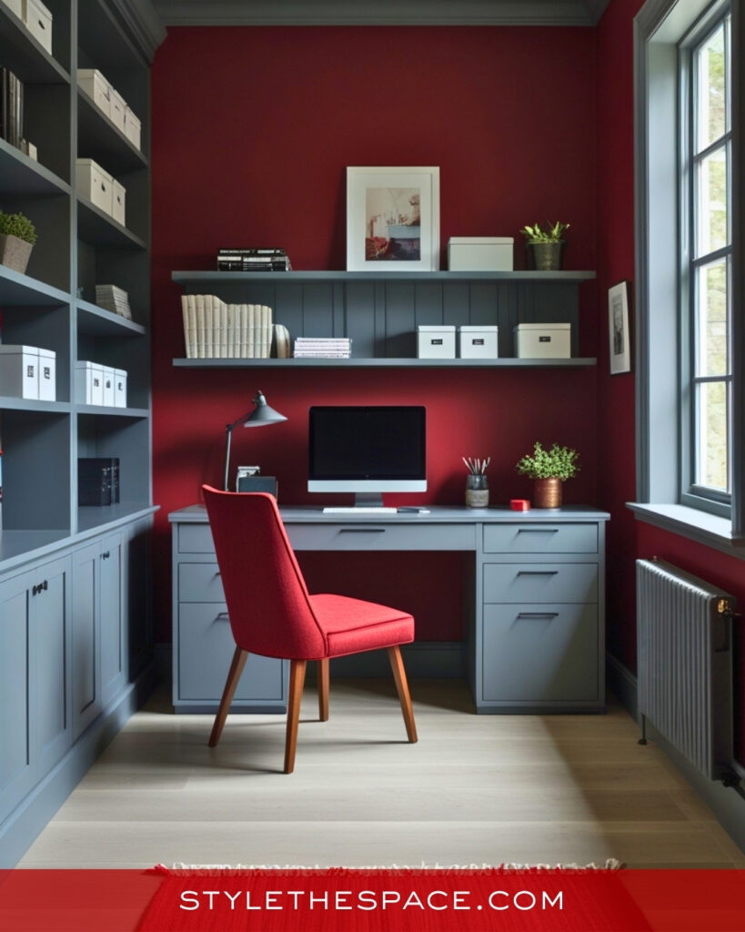 Red Home Office With Muted Gray Built-Ins