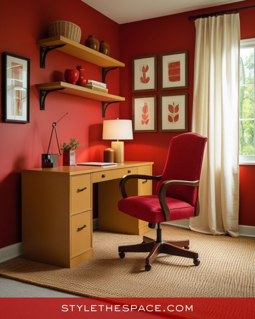 Red Home Office With Mustard Yellow and Warm Neutrals