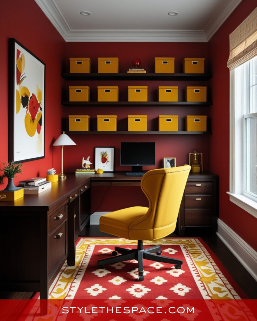 Red Home Office With Mustard Yellow and Dark Wood