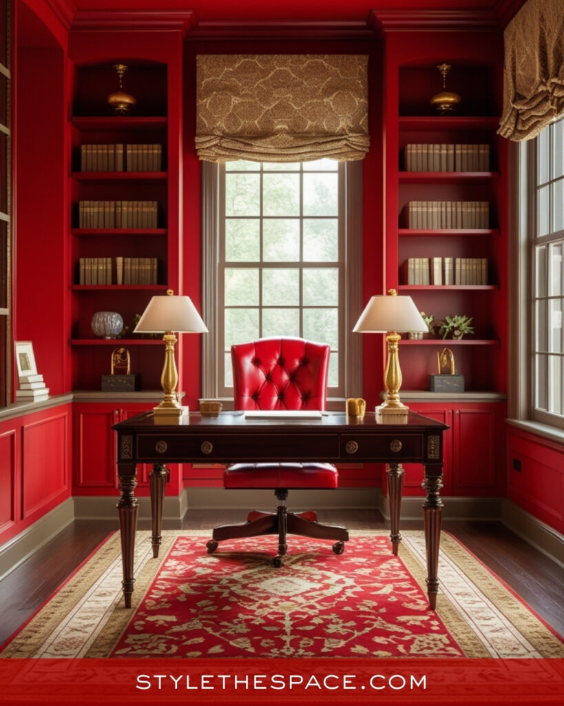Traditional Red Library-Style Home Office