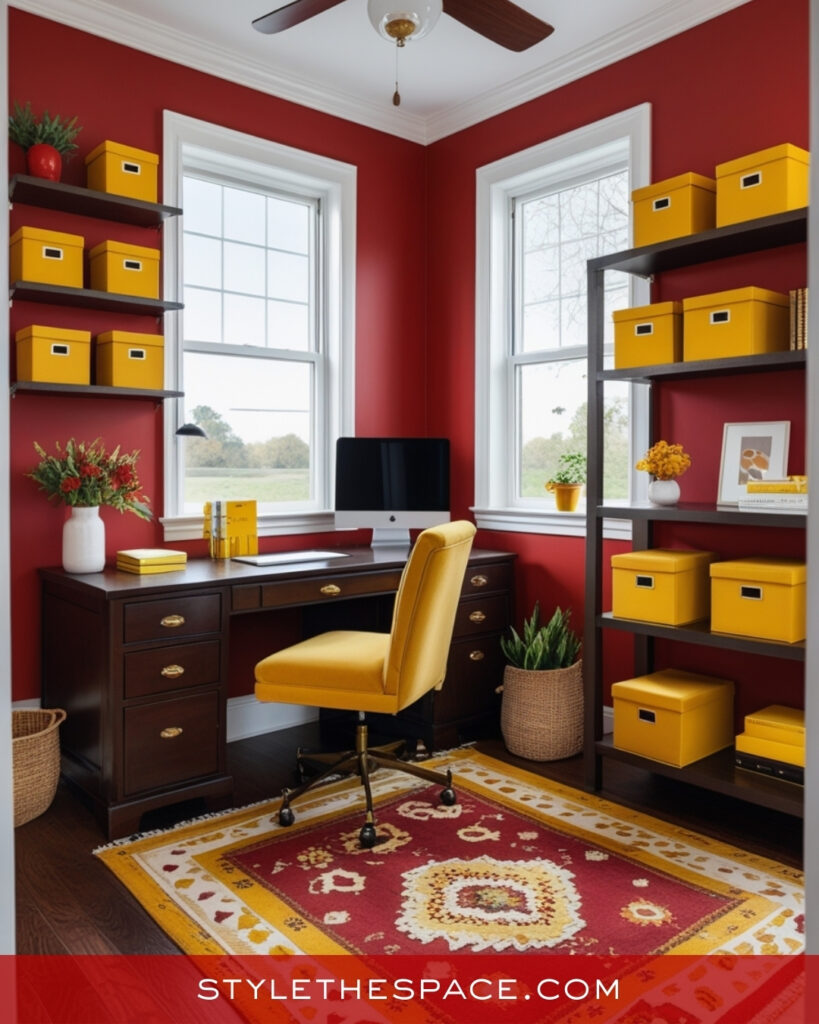 Red Home Office With Mustard Yellow Accents