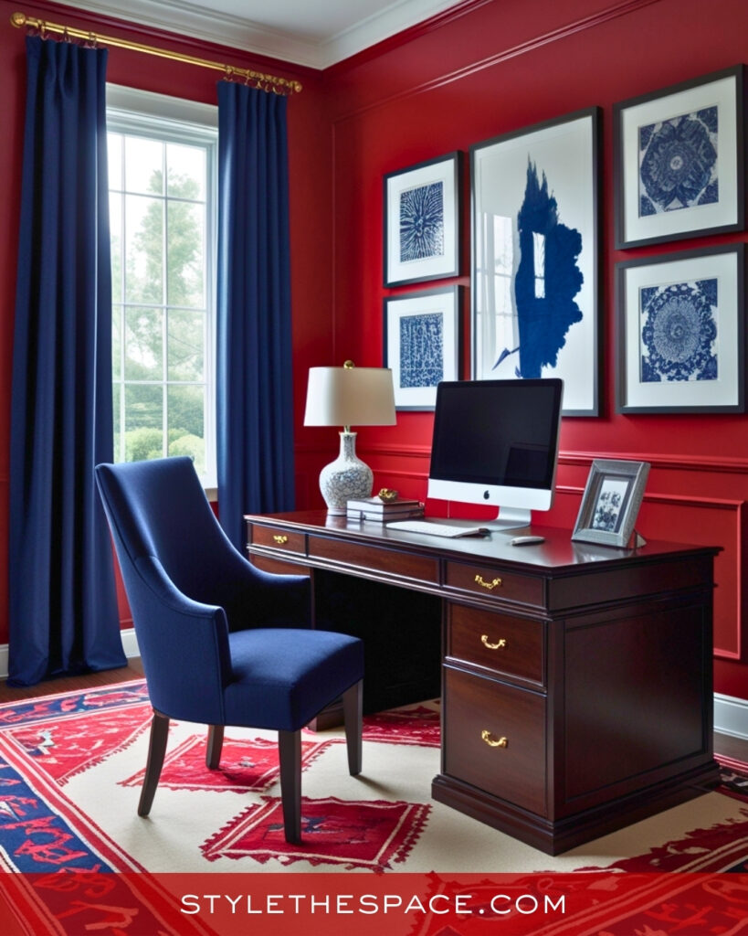 Red Home Office With Navy Accents