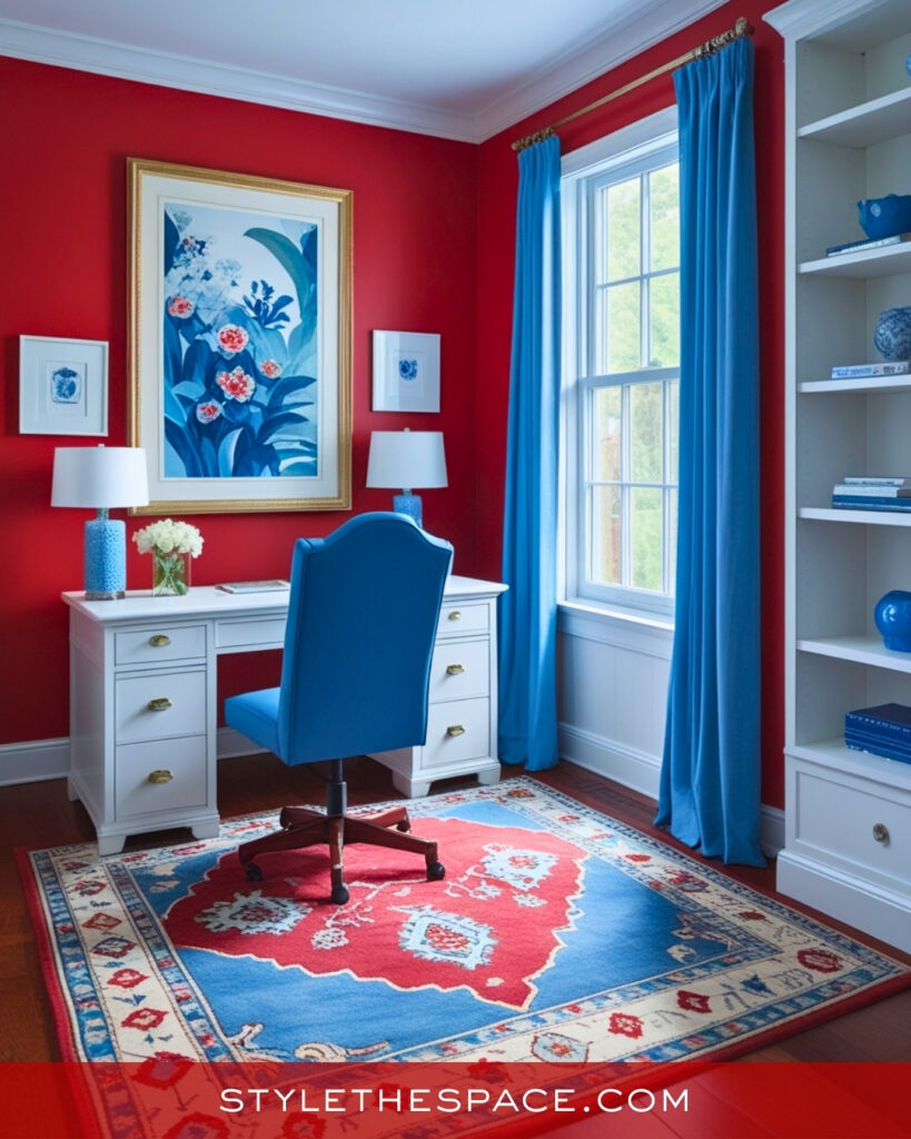 Red Home Office With Blue and White Accents