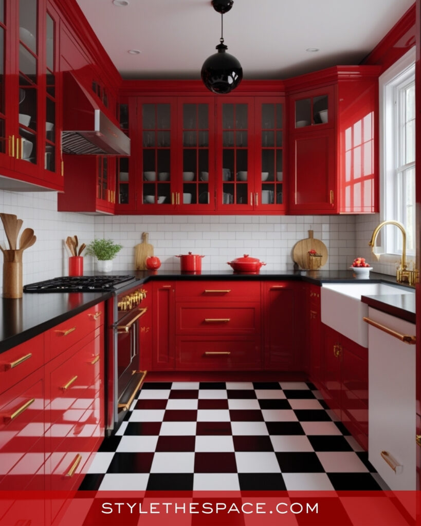 Bold Red Kitchen With Black and White Contrast