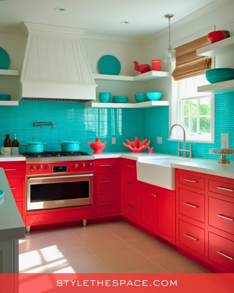 Red Kitchen With Turquoise Accents and Retro Flair