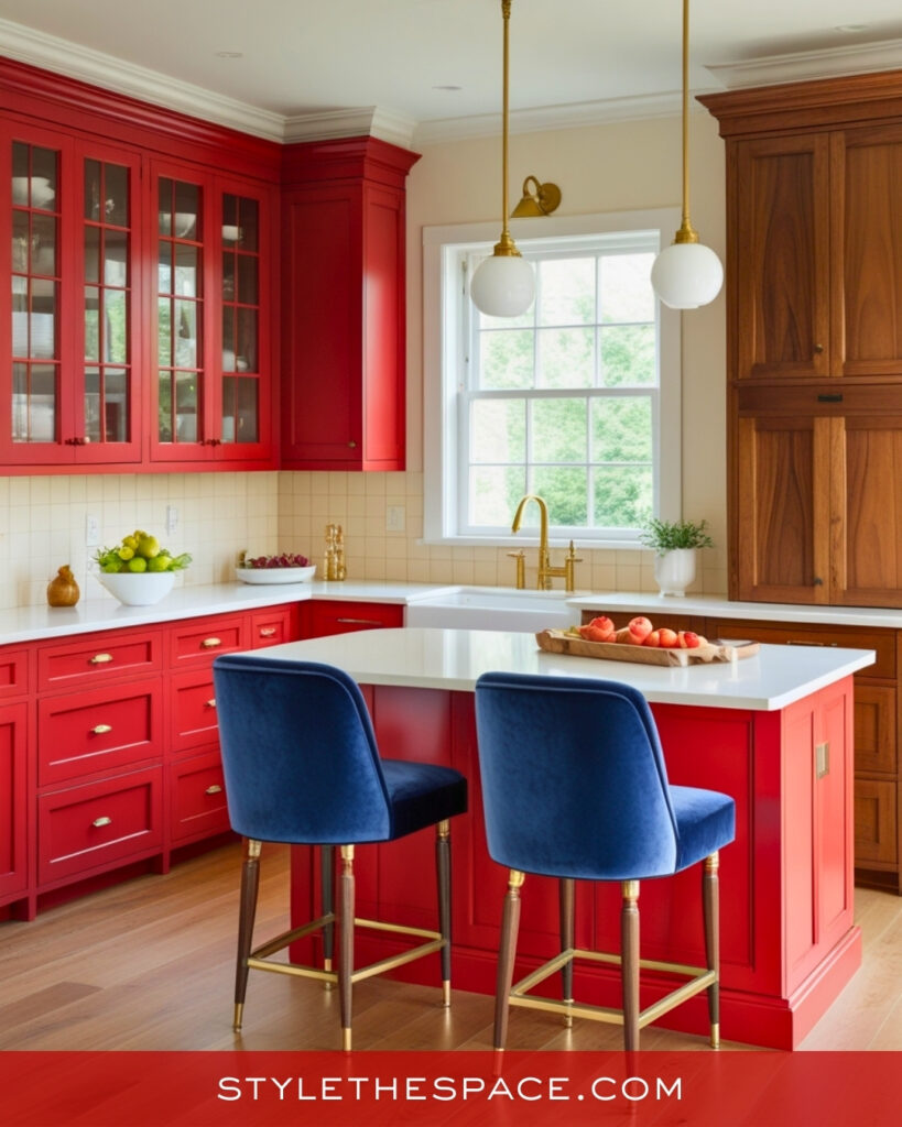 Red Kitchen With Blue Seating and Warm Wood