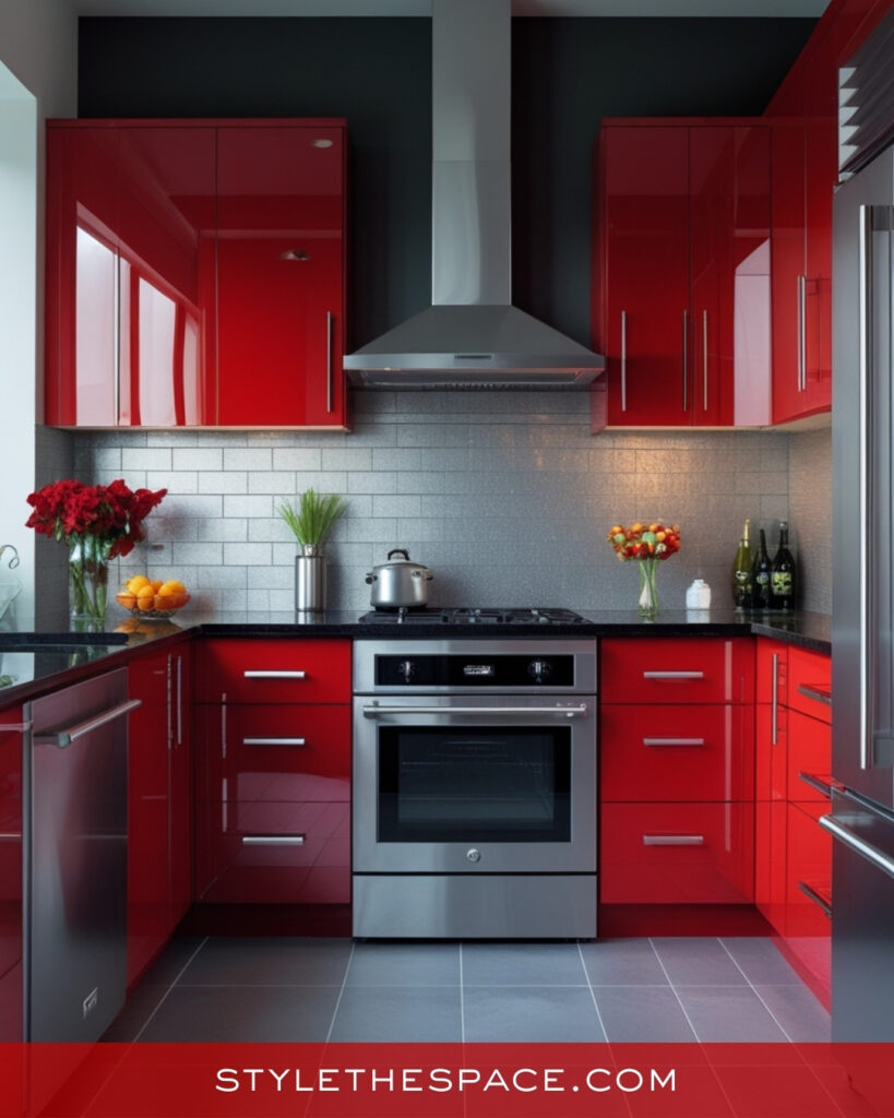 Sleek Red Kitchen With Stainless Steel Accents