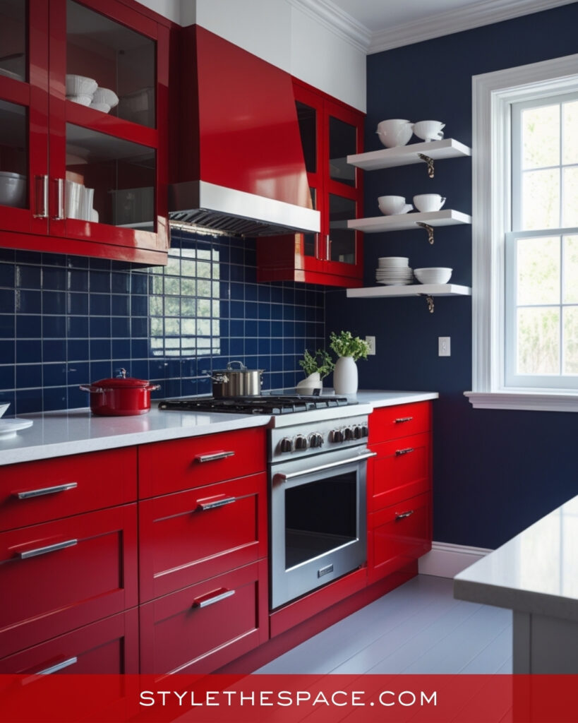 Red Kitchen With Navy Blue and Crisp White