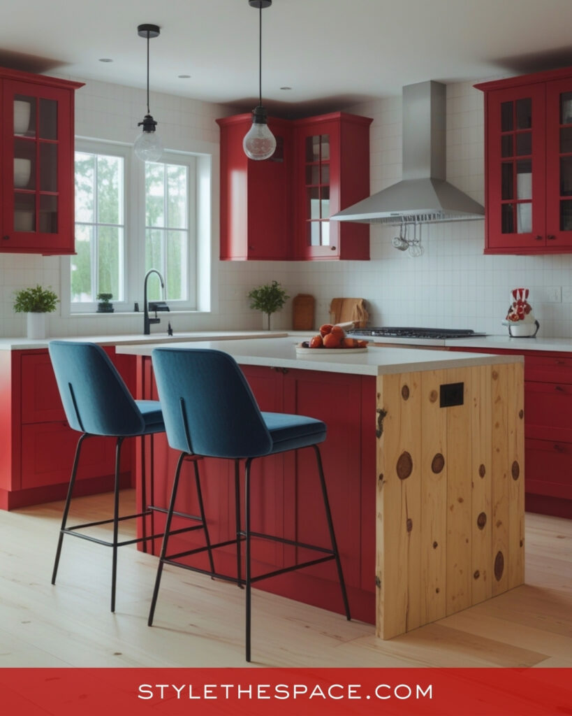 Modern Red Kitchen With Light Wood and Blue Accents