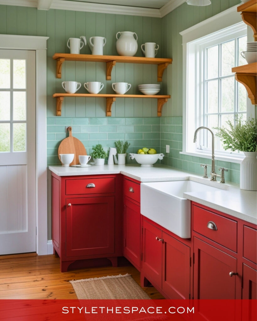 Red Kitchen With Sage Green and Cottage Details