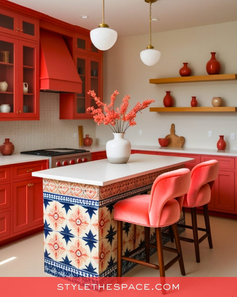 Warm Red Kitchen With Patterned Tile and Soft Neutrals