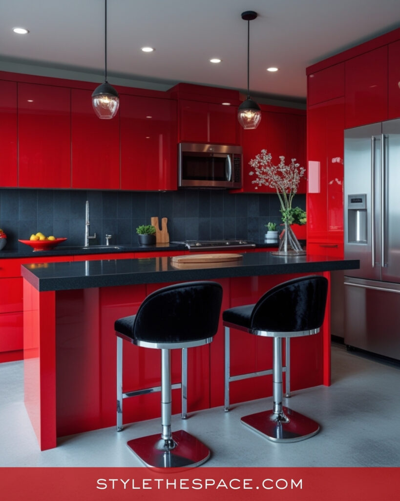 Sleek Modern Red Kitchen With Dark Contrast