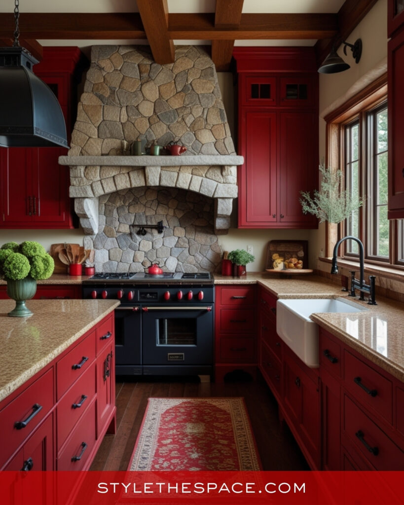 Rustic Red Kitchen With Stone and Wood Accents