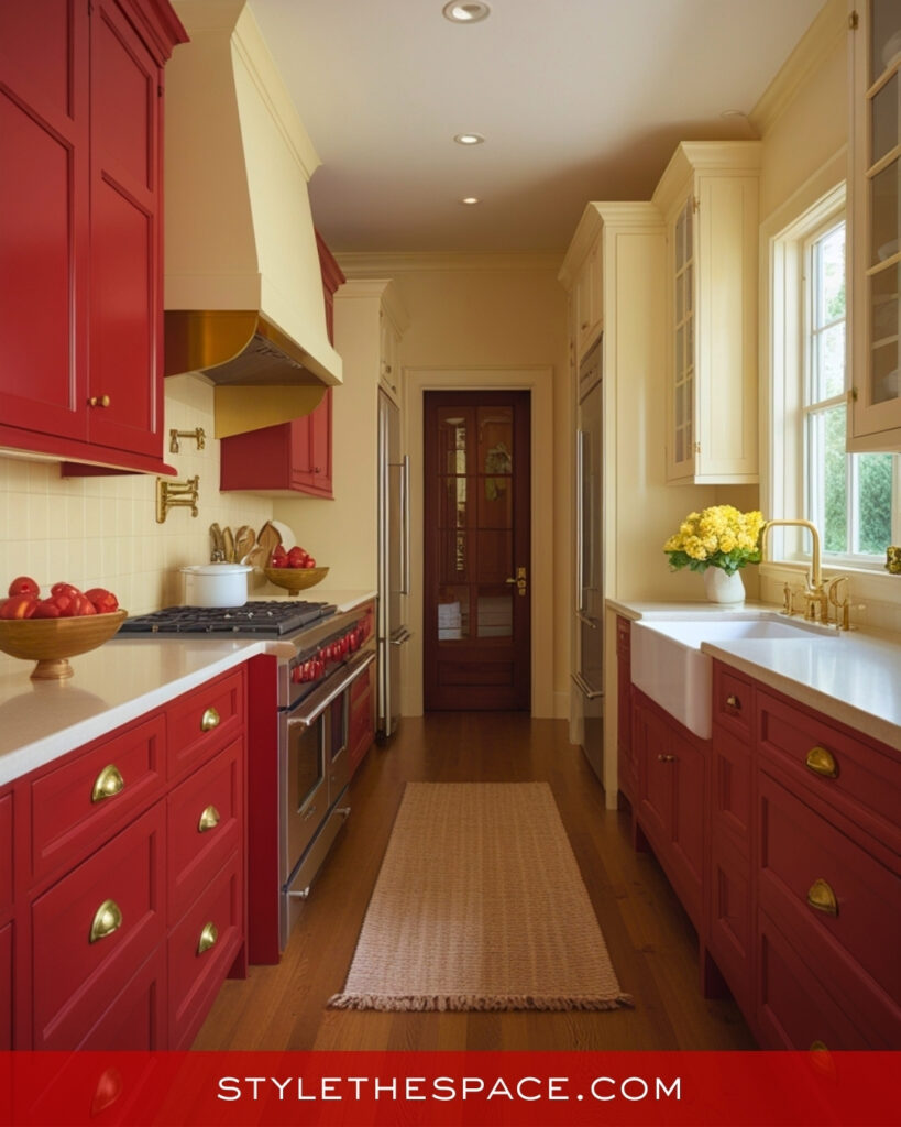 Classic Red Galley Kitchen With Cream Cabinets