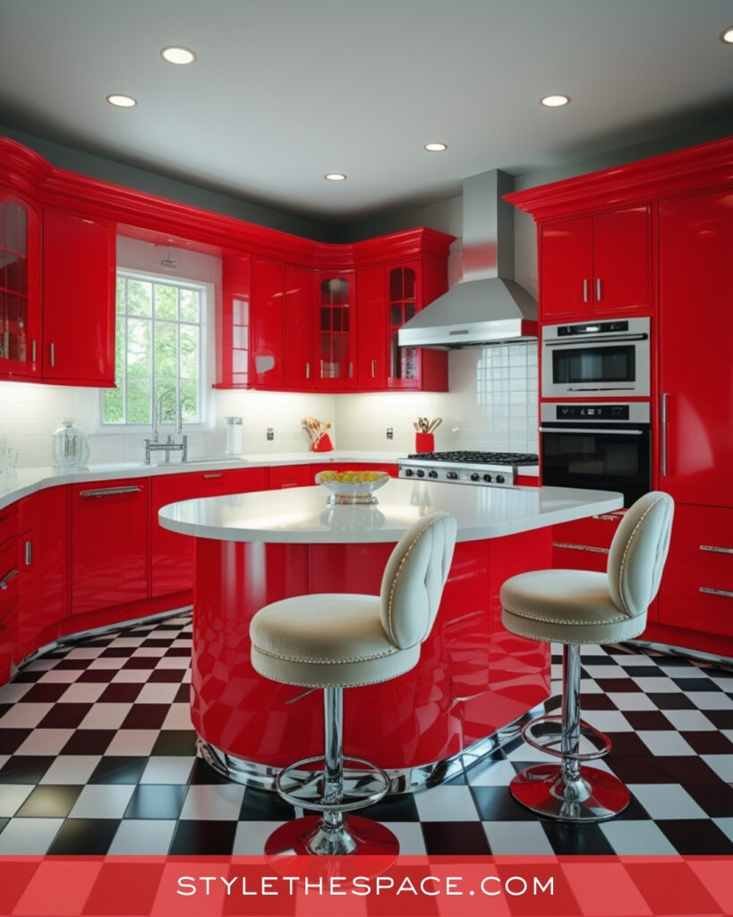 Bold High-Gloss Red Kitchen With Retro Flair