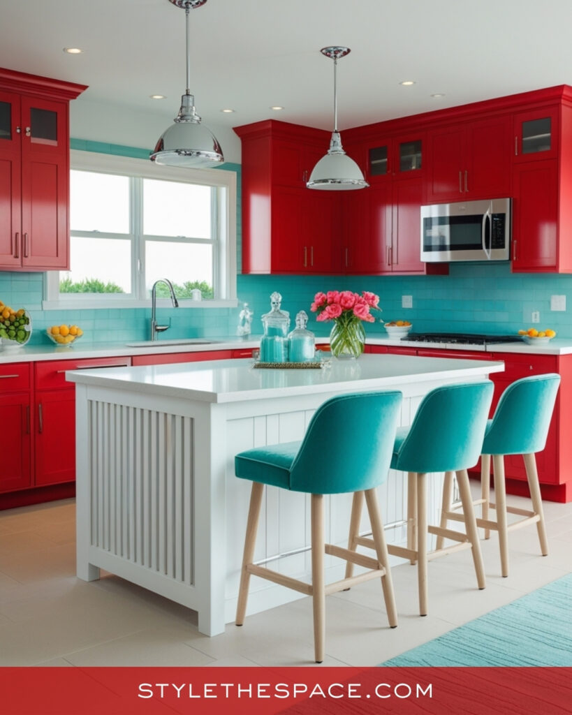 Red Kitchen With Turquoise Accents and Fresh Contrast
