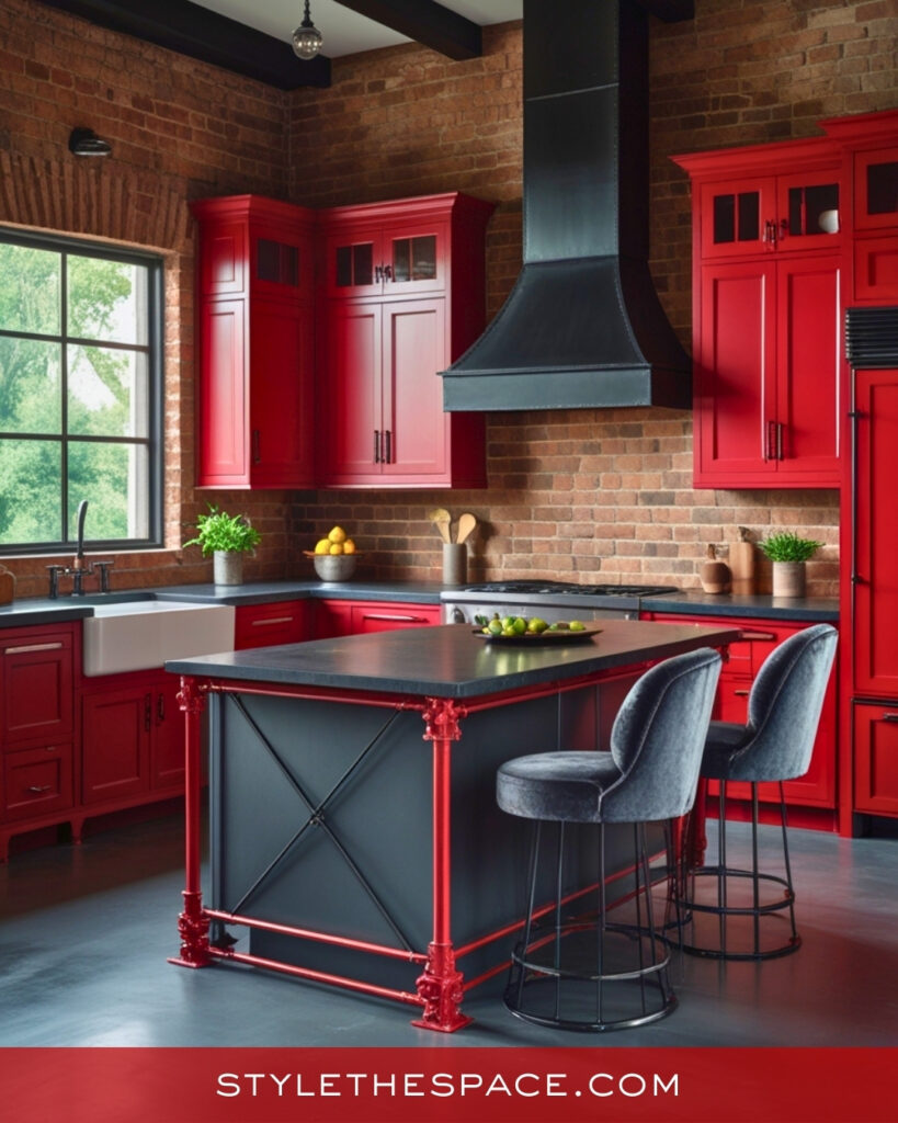Industrial Red Kitchen With Brick and Black Accents