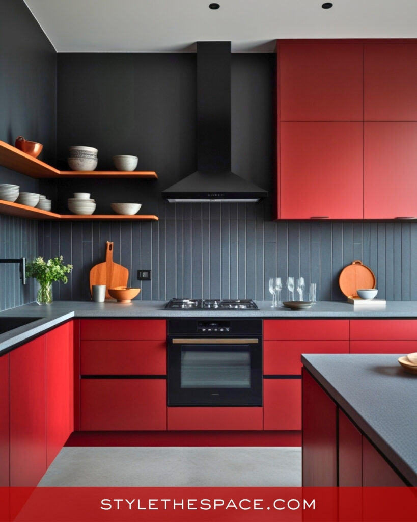 Modern Red Kitchen With Charcoal and Wood Accents