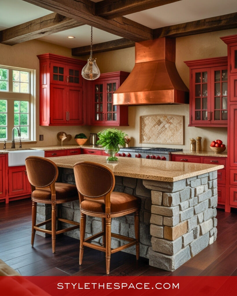 Warm Red Kitchen With Copper and Natural Stone