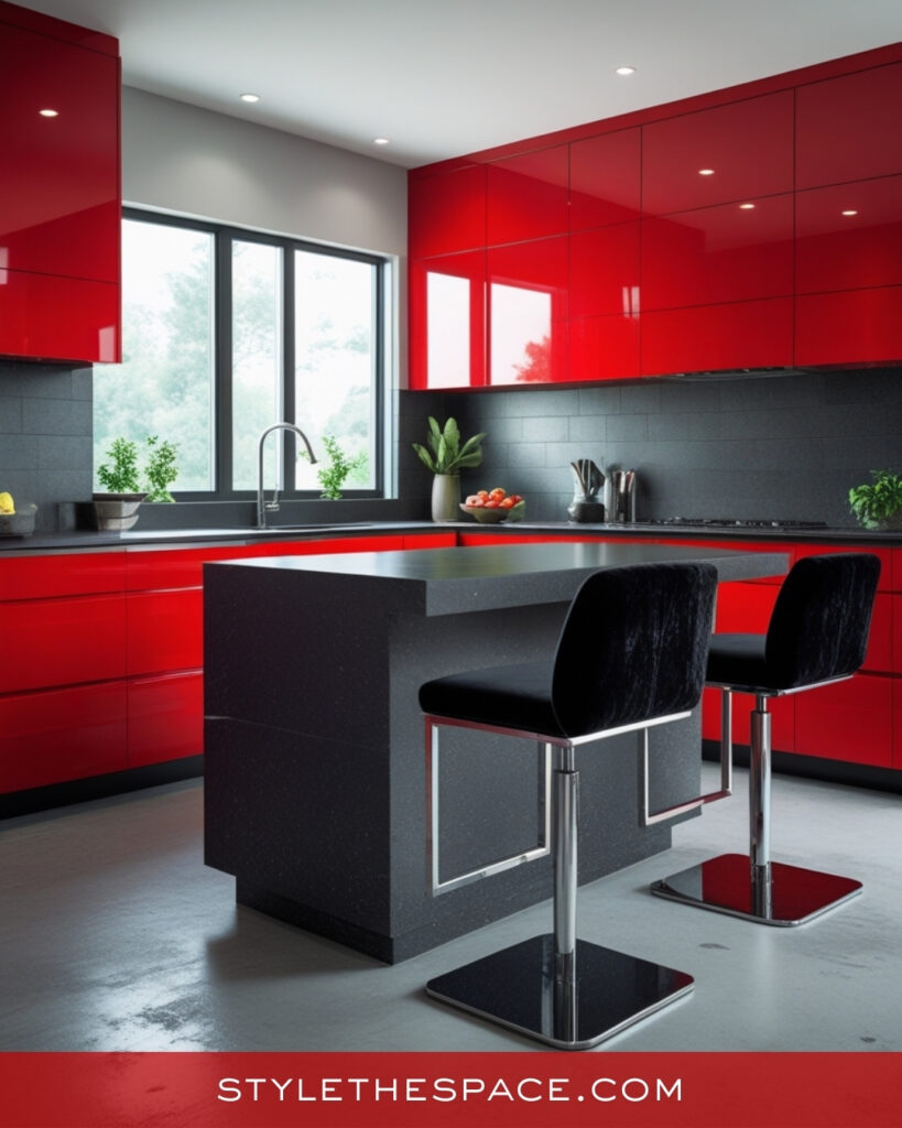 High-Gloss Red Kitchen With Sleek Black Accents