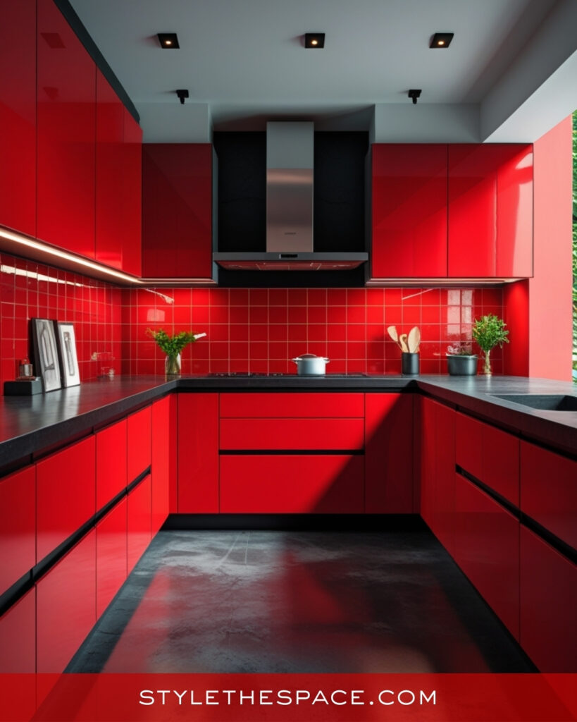 All-Red Modern Kitchen With Clean Black Contrast