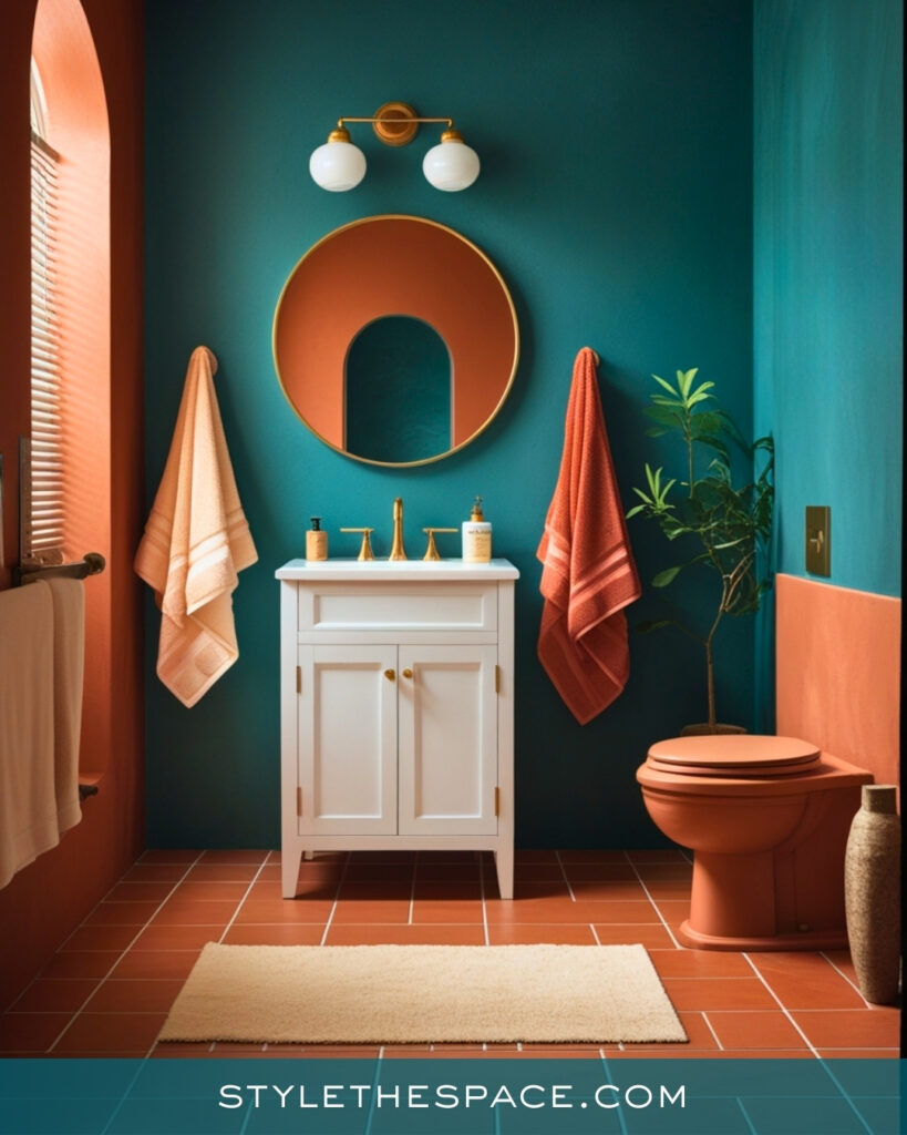 Teal Bathroom With Terracotta and Brass Accents