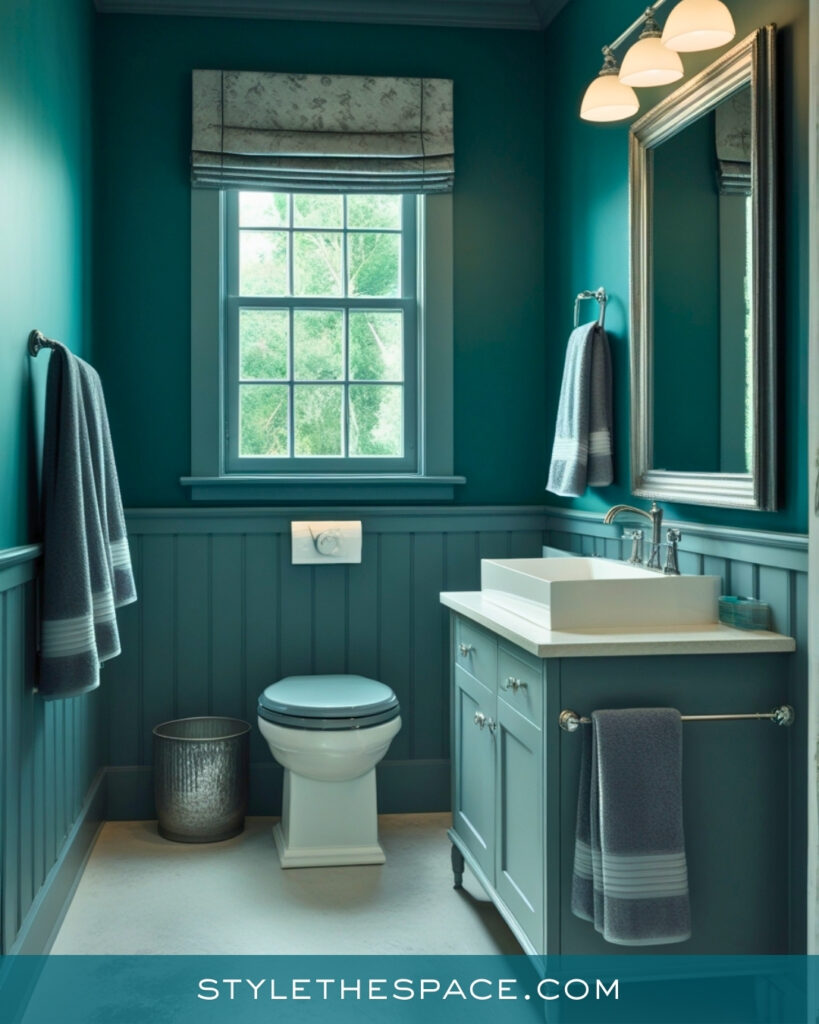 Soft Teal Bathroom With Classic Paneling